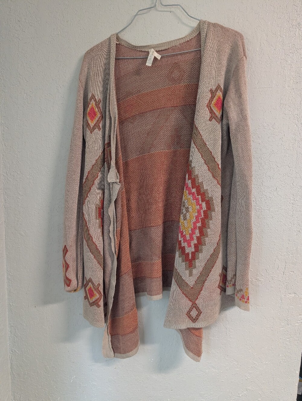 Aztec Knit Cardigan L Orange Brown Lagenlook Festival Boho Hippie Cottage